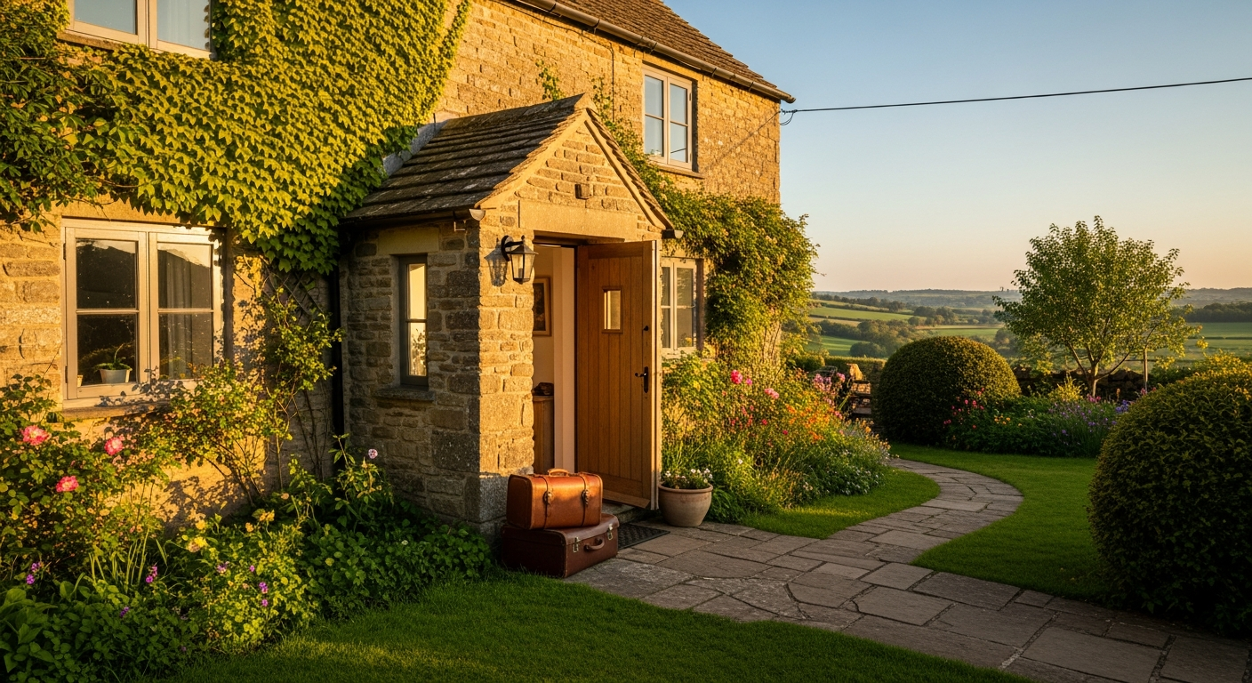 Cozy UK cottage with garden overlooking rolling countryside hills and valleys