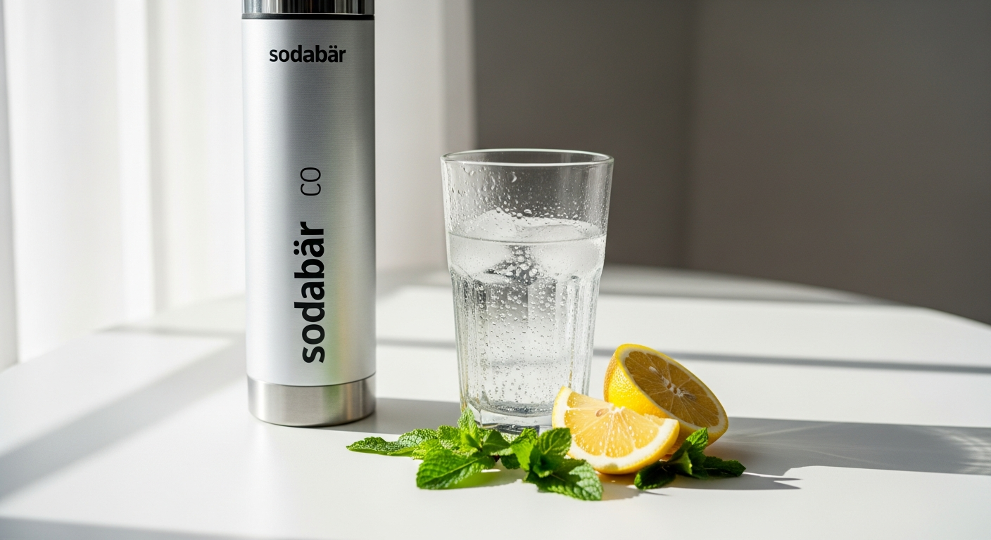Sodabär Universal CO2 Cylinder Refill package displayed with compatible soda maker machines