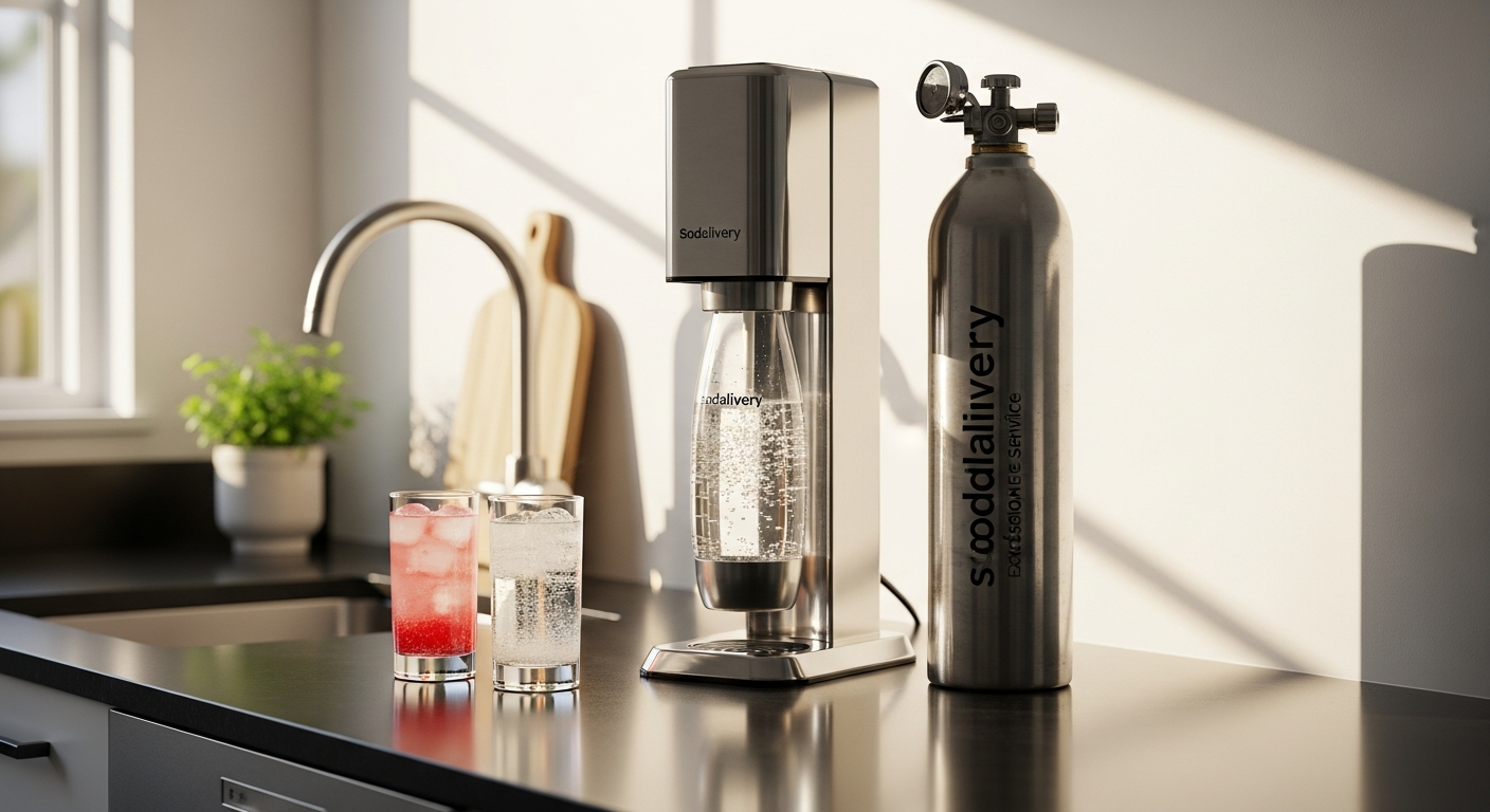 Sodalivery CO2 cylinder exchange service with stacked carbonator cylinders and reusable shipping box