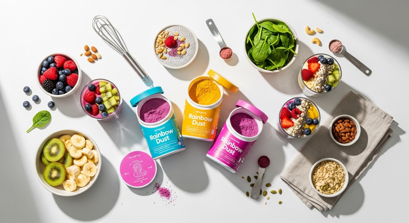 Spacegoods Rainbow Dust mushroom cacao blend in a white mug with latte art and cinnamon