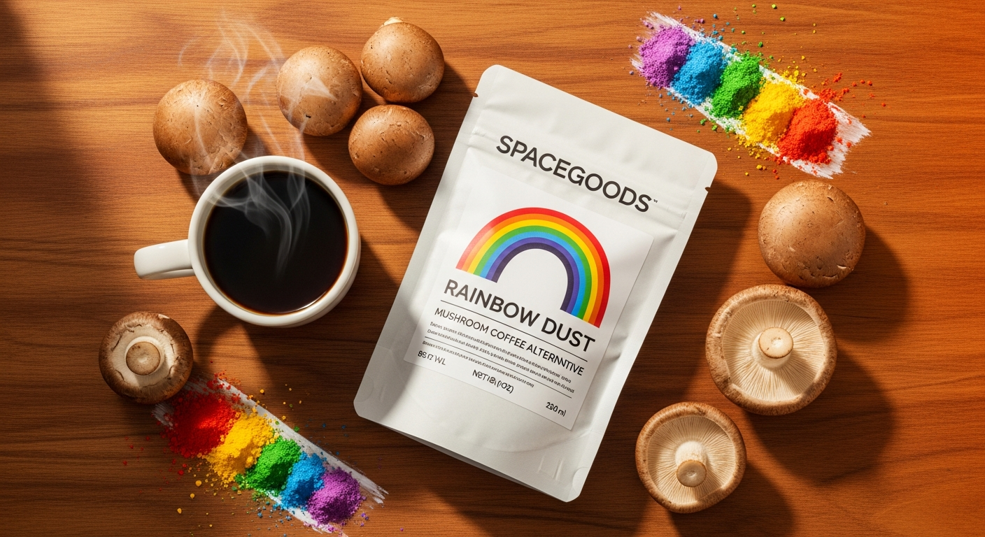 Spacegoods Rainbow Dust mushroom coffee alternative in cup with ingredients displayed