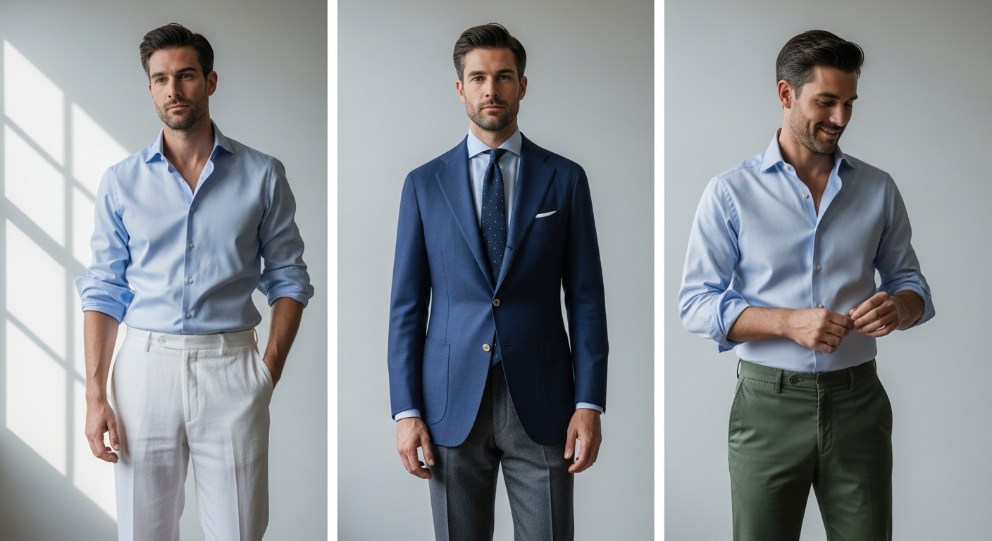 Man wearing Italian tailored cotton shirt with French collar in professional business setting