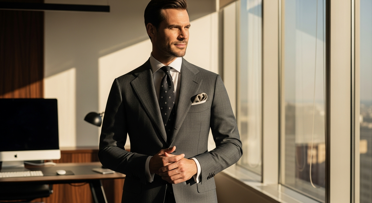 Professional man wearing tailored Spada Roma Italian suit in charcoal gray in modern office setting