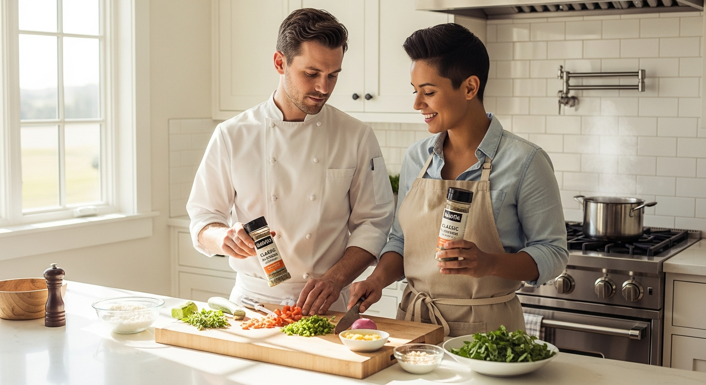 tellofix Classic All-Purpose Seasoning & Soup package displayed with fresh vegetables and cooking ingredients