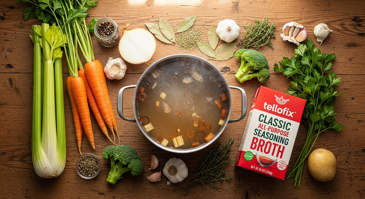 tellofix Classic All-Purpose Seasoning Broth container with prepared broth in glass measuring cup