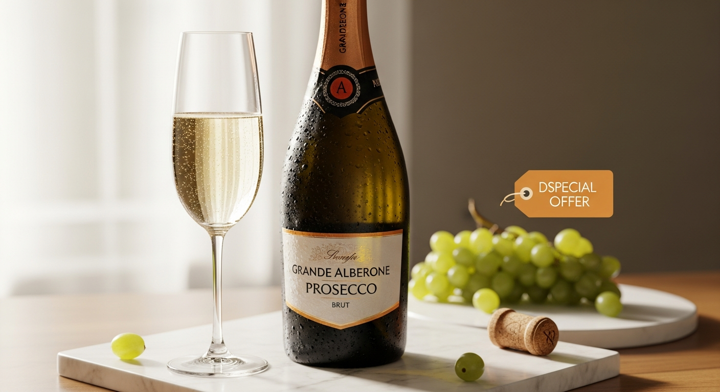 Grande Alberone Prosecco DOC Brut bottle with golden bubbles and Italian vineyard landscape background