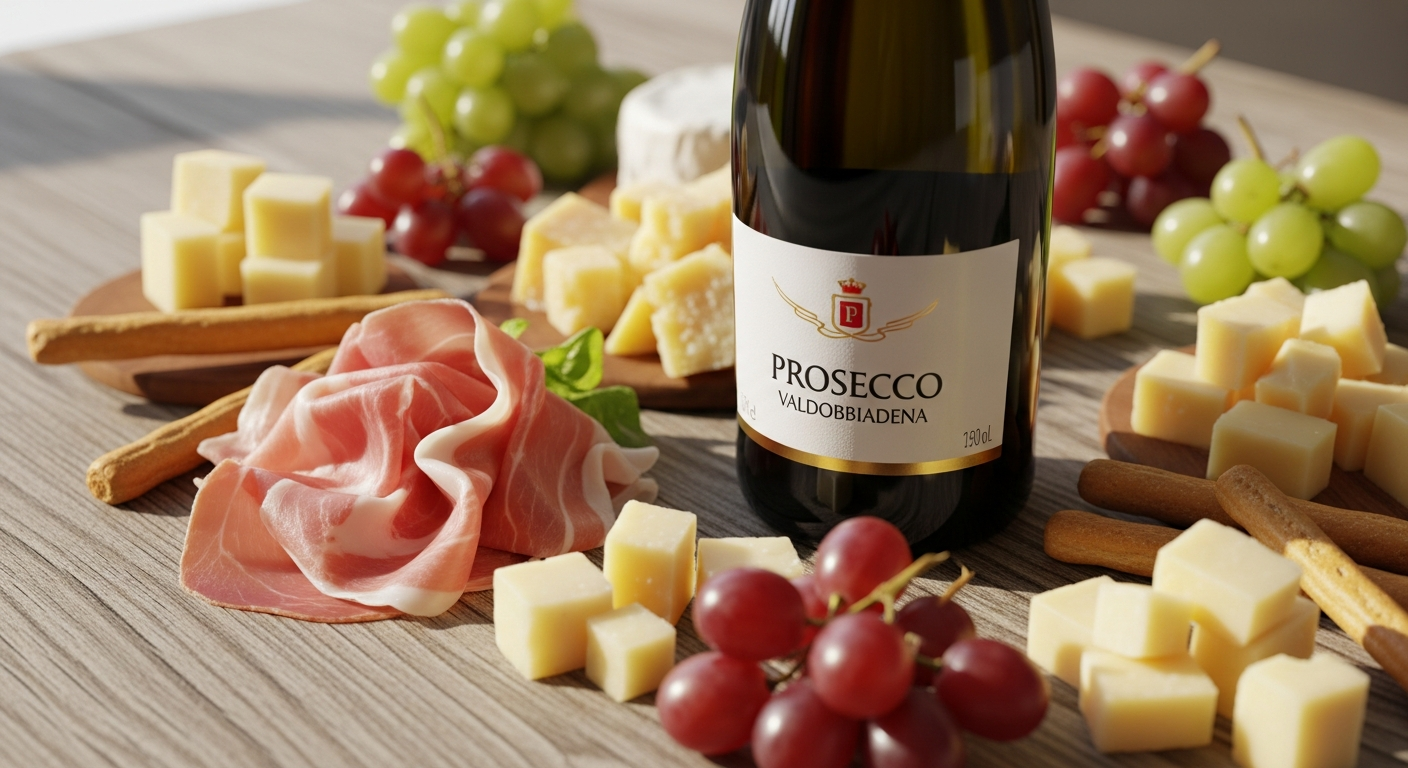 Serrai Prosecco Valdobbiadene DOCG Extra Dry bottle with elegant flute glass and fresh fruit garnish