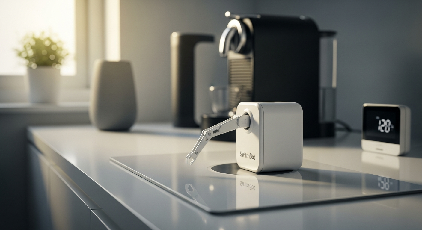 SwitchBot Bot smart button pusher robot device on white background with app interface displayed