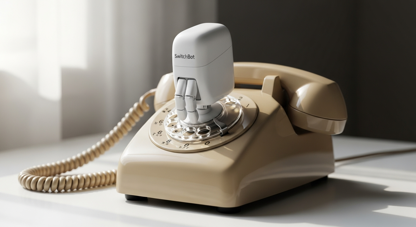 SwitchBot Bot smart button pusher device mounted on white appliance with robotic finger extended