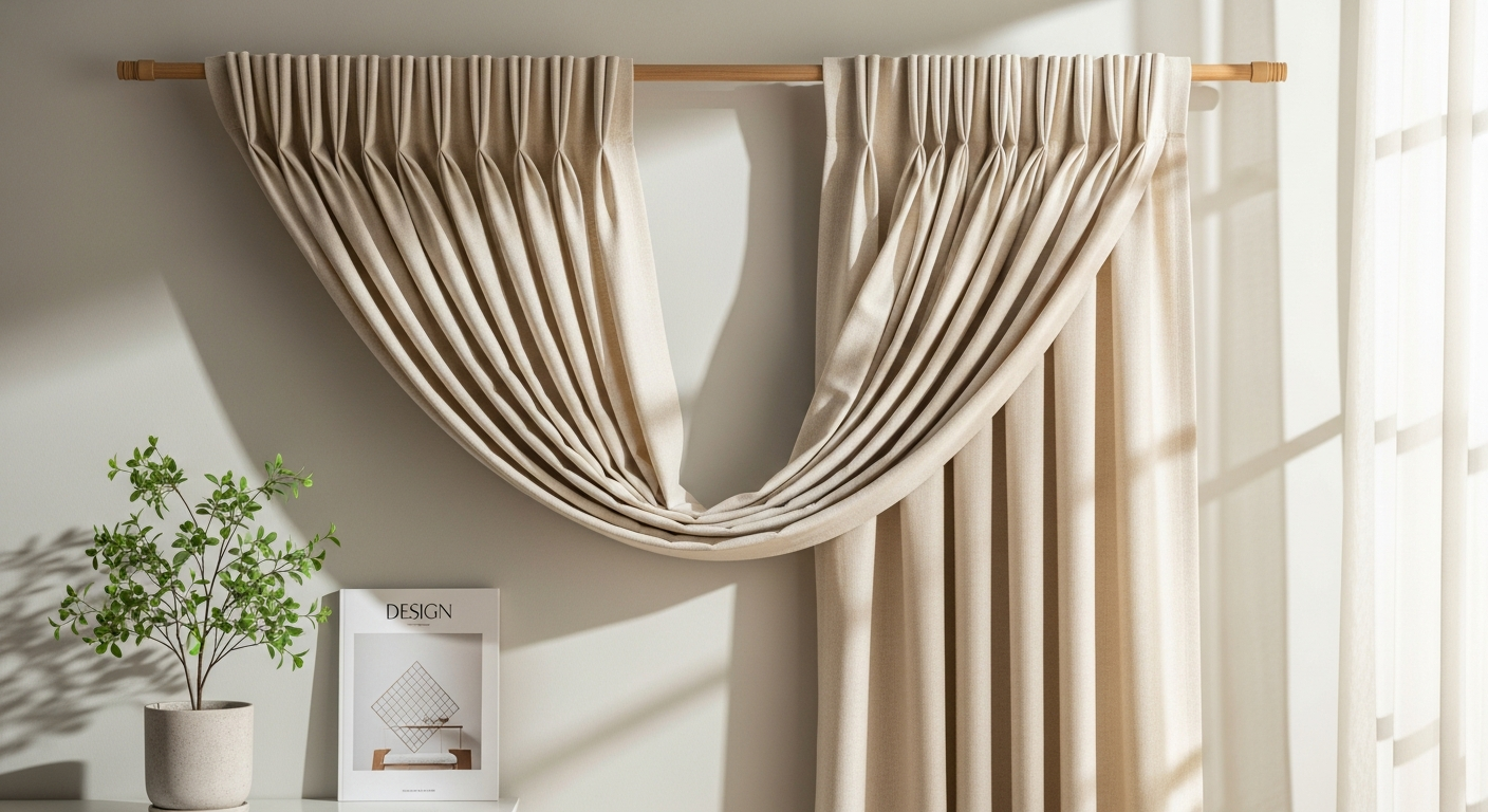 TWOPAGES Liz Linen Pleated Drapes in warm ivory hanging elegantly on a modern window with soft natural light filtering through