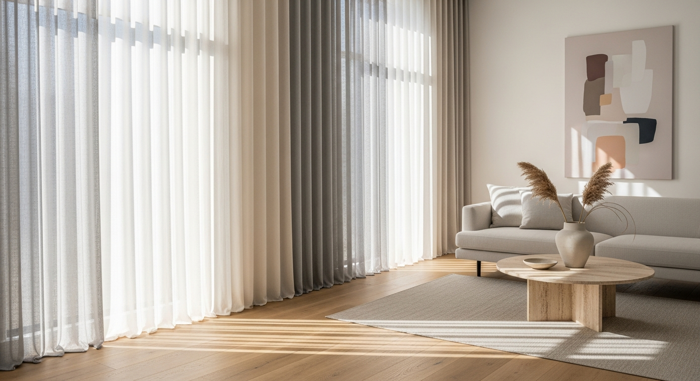 TWOPAGES Liz Linen Pleated Drapes in Ivory White hanging elegantly on a modern living room window with natural light filtering through
