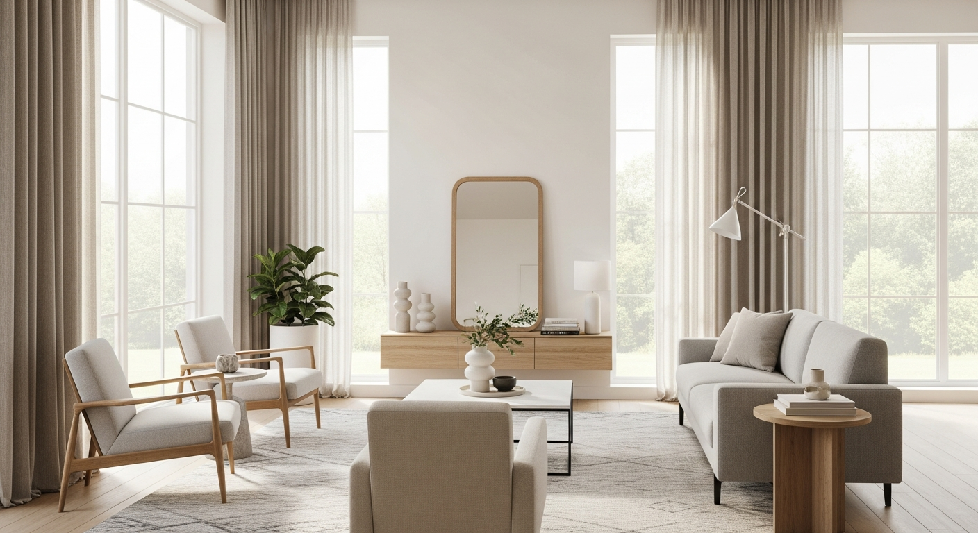 TWOPAGES Liz Linen Pleated Drapes hanging in a modern living room with natural light filtering through the fabric