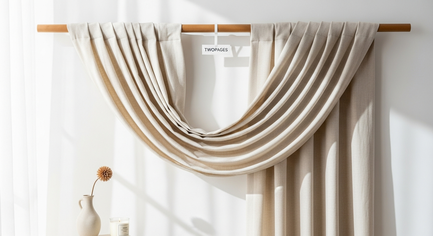 TWOPAGES Liz Linen Pleated Drapes in ivory white hanging elegantly on a modern living room window with natural light filtering through
