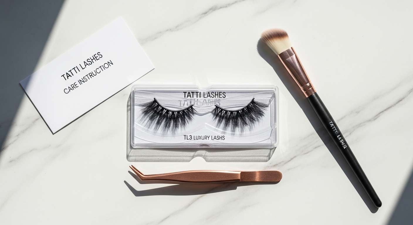 Tatti Lashes TL3 3D luxury strip lashes displayed on lash tray with application tools and care products