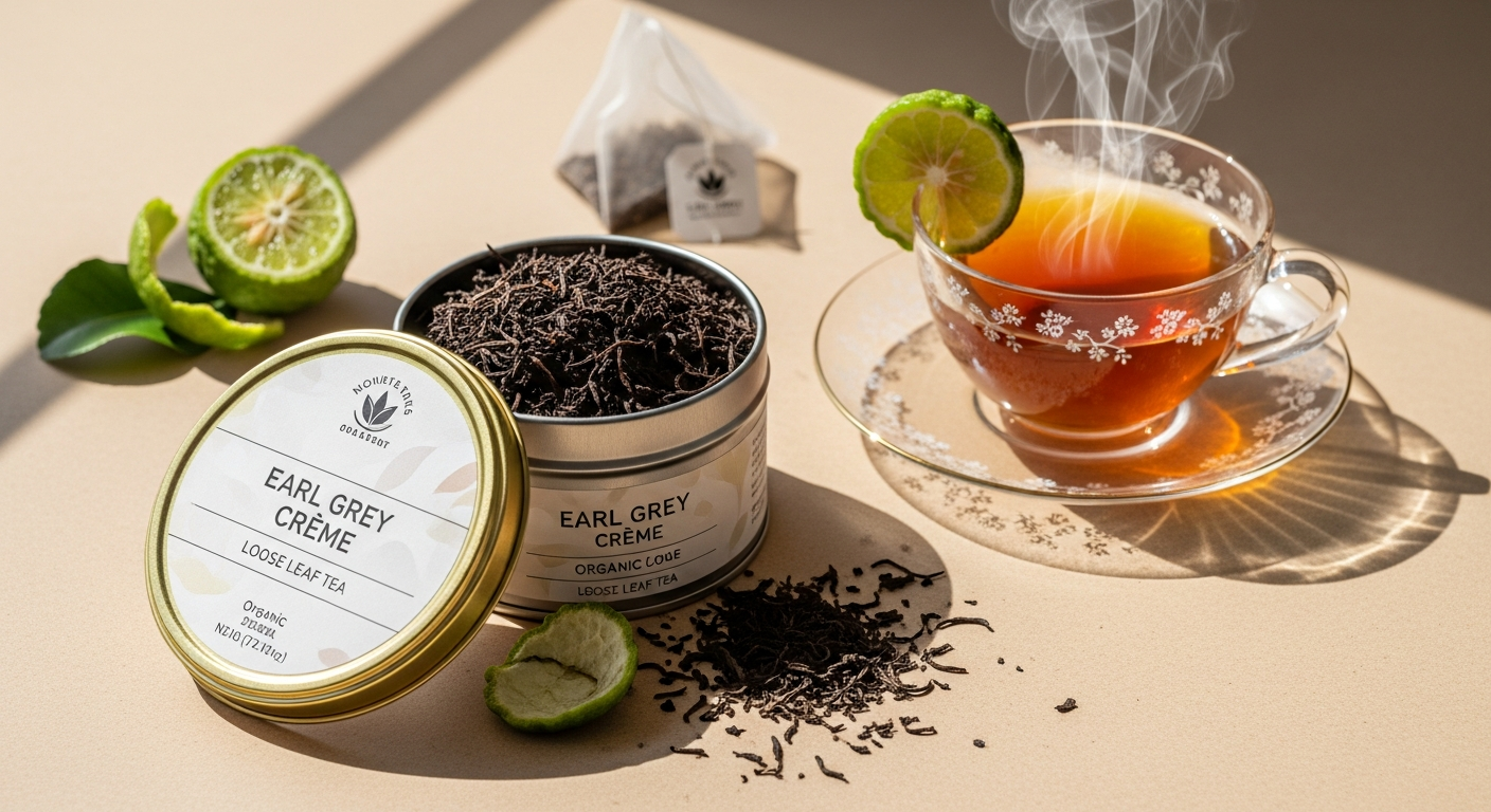 A steaming cup of Earl Grey Crème organic loose leaf tea with bergamot and vanilla notes