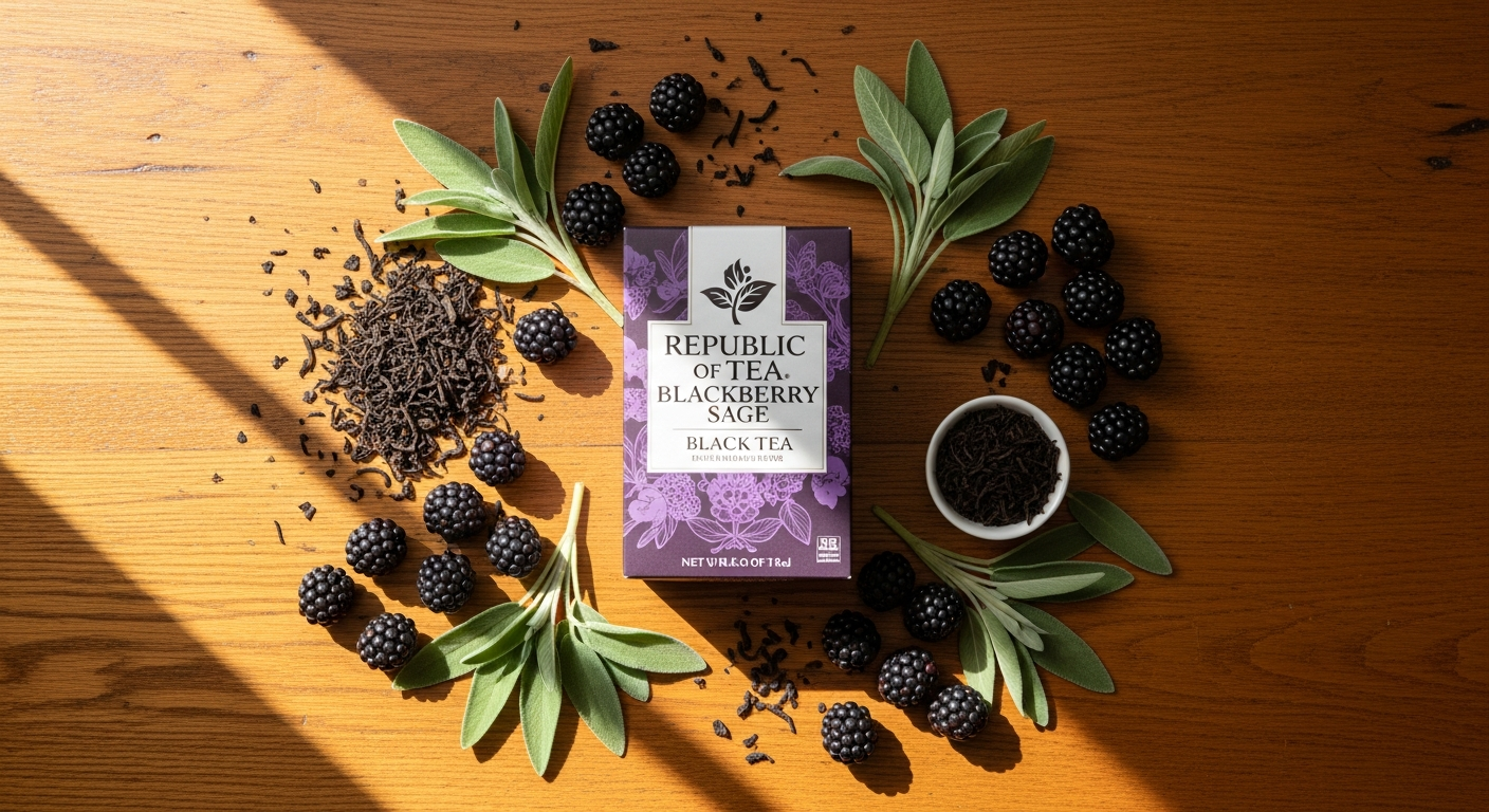 Republic of Tea Blackberry Sage Black Tea in a tin with fresh blackberries and sage leaves
