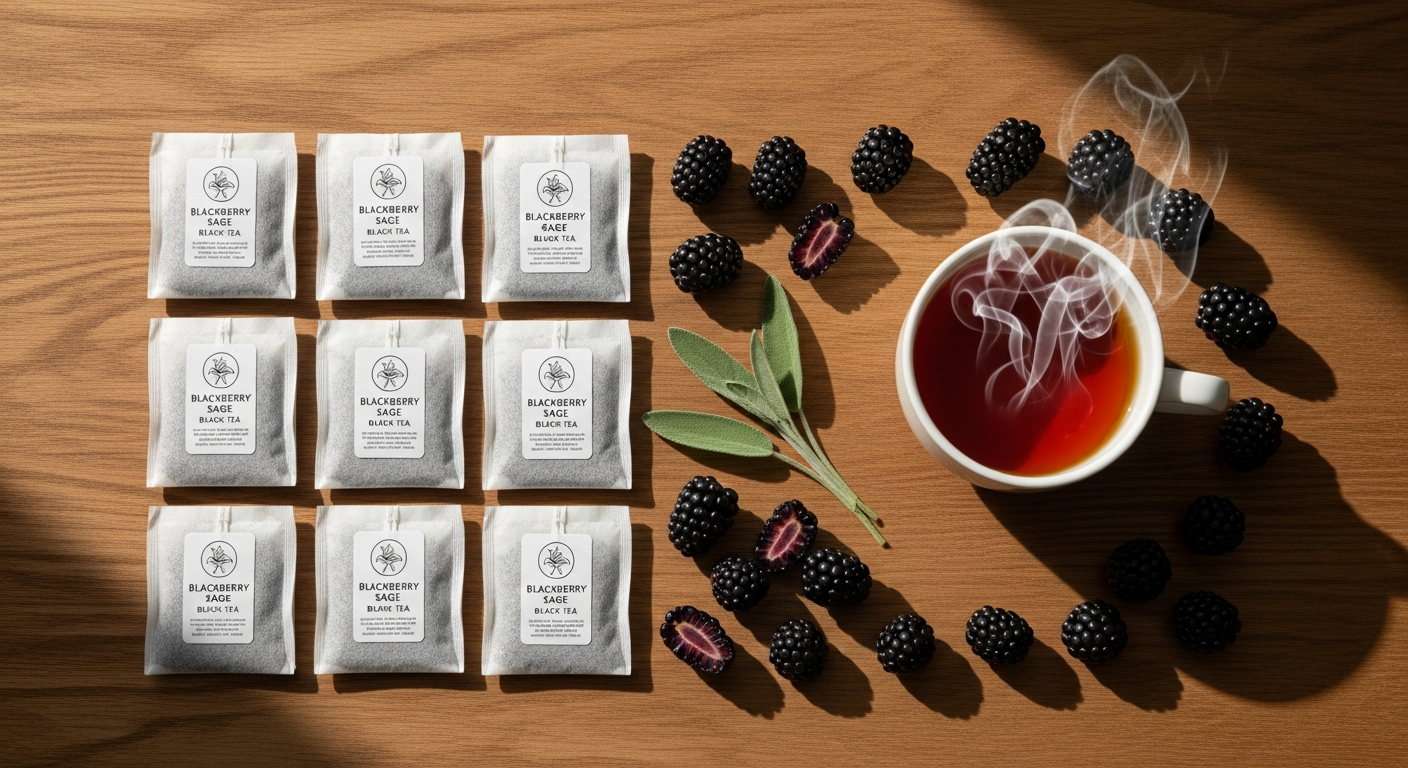 Blackberry sage black tea bags in a white cup with fresh berries and sage leaves