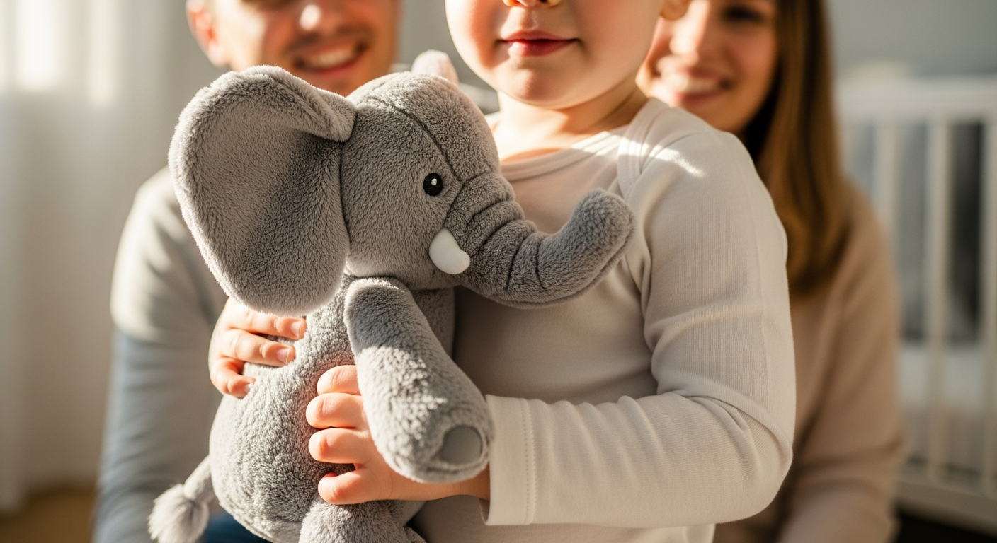Soft grey Ravensden floppy elephant plush toy sitting upright with expressive eyes