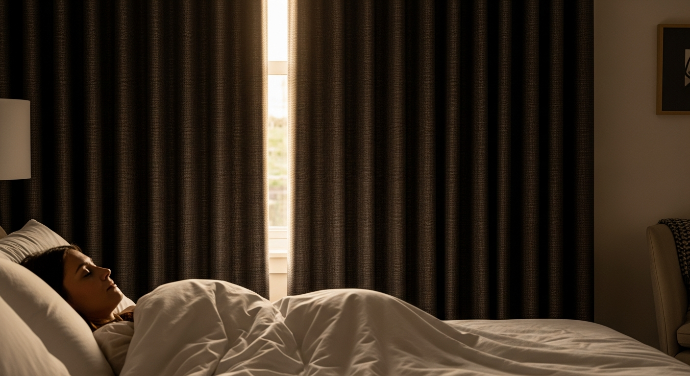 Hussein Premium Blackout Soundproof Custom Curtains hanging in a modern bedroom creating complete darkness and tranquility