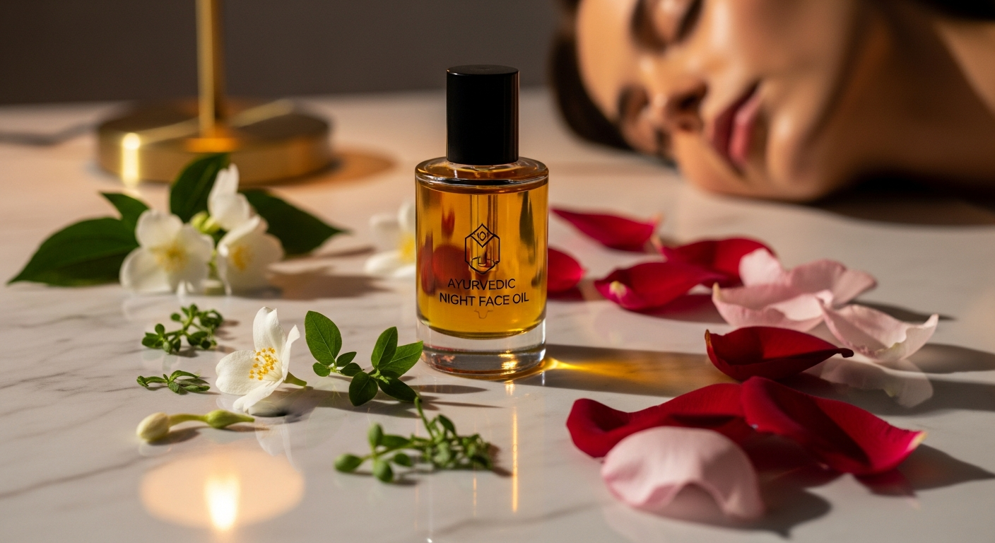 Manjish Glow Elixir Ayurvedic night face oil bottle displayed with Manjistha herb and glowing mature skin