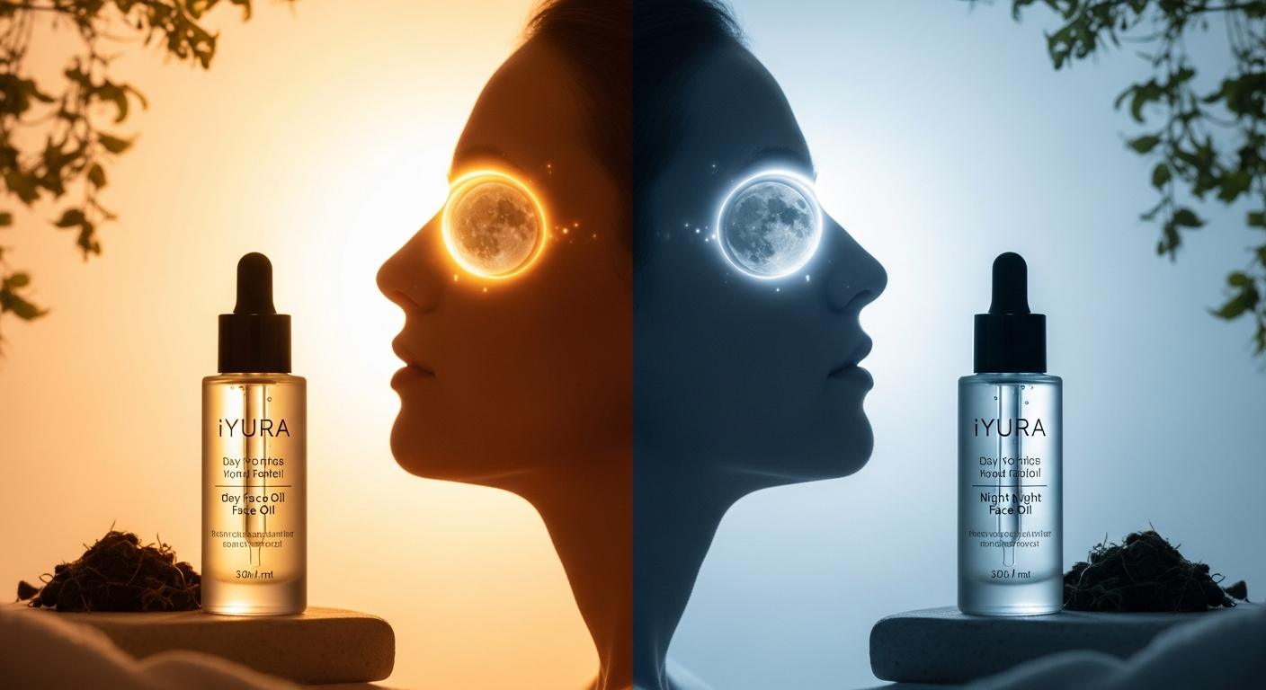 iYURA Day and Night Face Oil Duo bottles with saffron, rose, and turmeric ingredients displayed