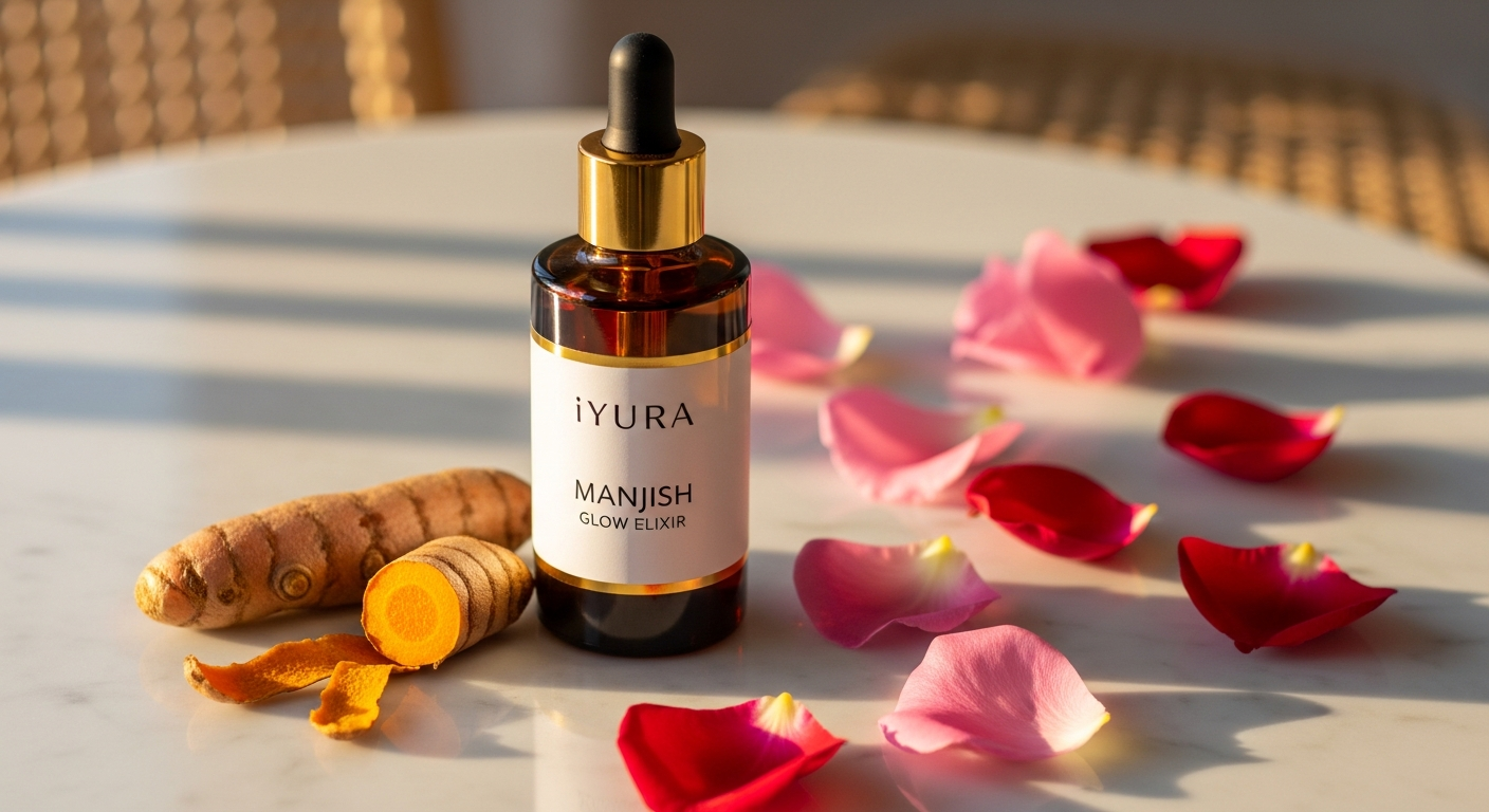 iYURA Manjish Glow Elixir bottle with Manjistha flowers and botanical ingredients for mature skin