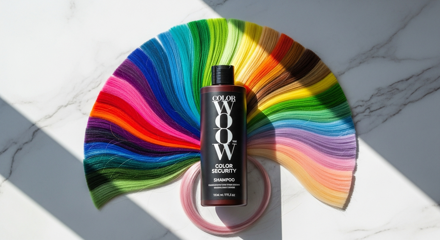 Color Wow Color Security Shampoo bottle displayed with vibrant hair extensions showing color vibrancy and shine