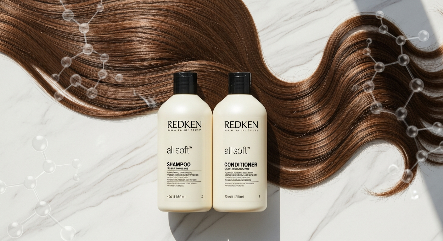 Redken All Soft Shampoo and Conditioner Duo bottles with argan oil and protein complex ingredients