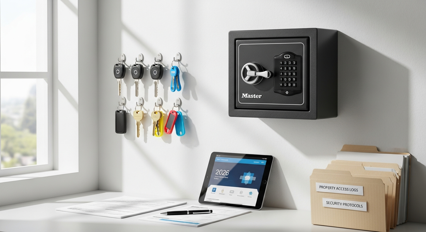 Master Lock 5415D Combination Key Safe mounted on wall showing zinc construction and mechanical combination dial