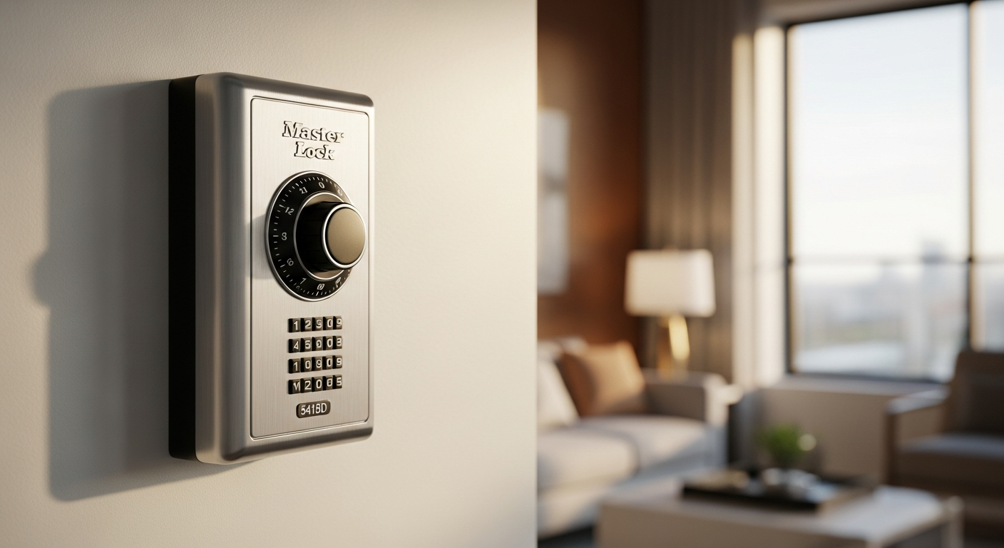 Master Lock 5415D combination key safe mounted on wall with thermoplastic cover and dual locking levers
