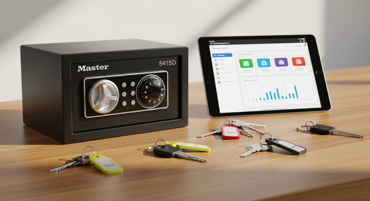 Master Lock 5415D Mini Combination Key Safe mounted on exterior wall of holiday rental property