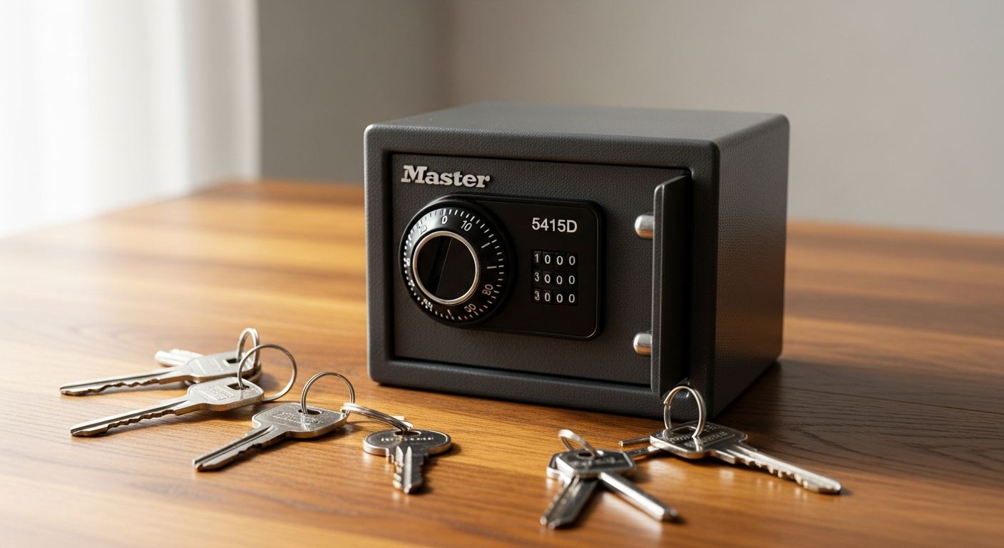 Master Lock Mini Combination Key Safe 5415D mounted on wall with programmable combination dial and weatherproof cover