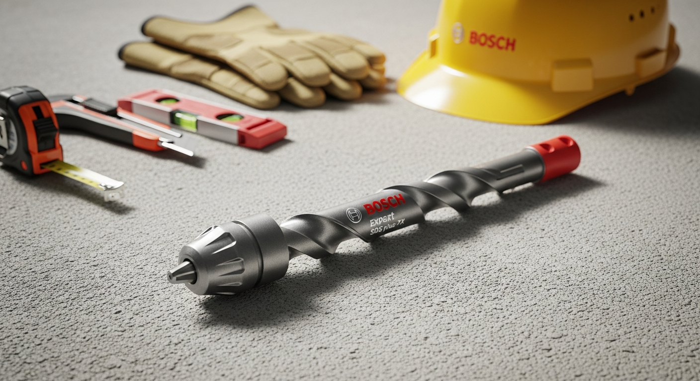 Bosch Expert SDS plus-7X Hammer Drill Bit set displayed with reinforced concrete drilling application