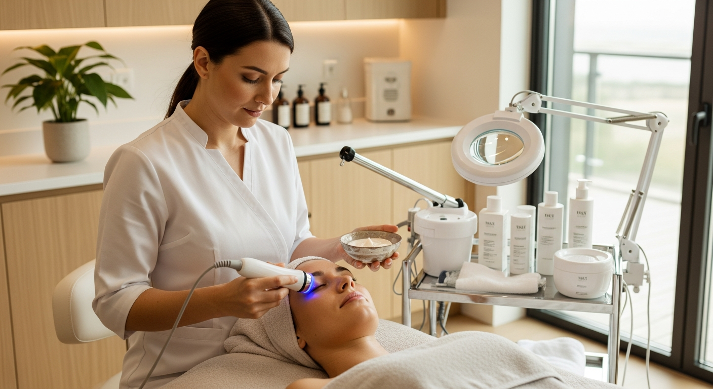 Professional esthetician performing deep facial cleansing treatment on client skin