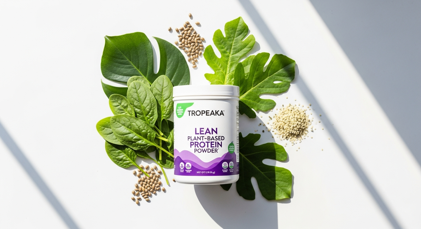 Tropeaka Lean Plant-Based Protein Powder container with tri-blend formula ingredients displayed