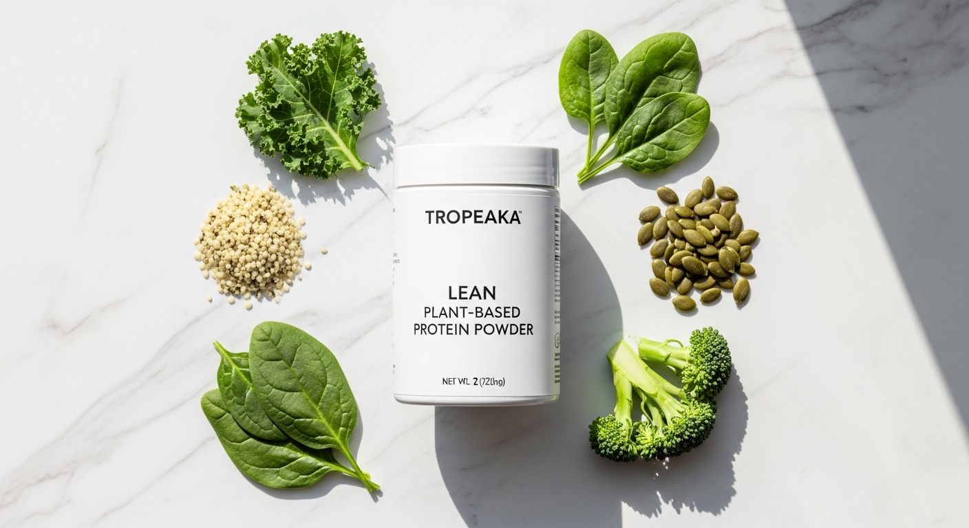 Tropeaka Lean Plant-Based Protein Powder container with organic ingredients displayed on white background