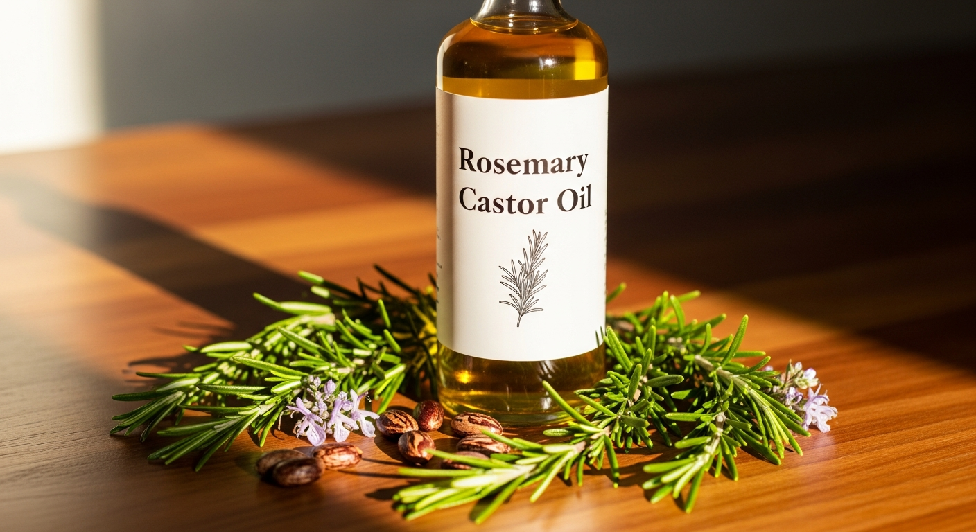 True Nature Blend Rosemary Castor Hair Oil Elixir bottle with fresh rosemary sprigs and castor beans on natural background