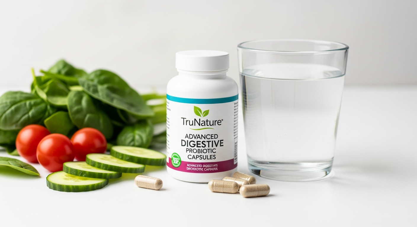 TruNature Advanced Digestive Probiotic Capsules bottle with blister pack showing 12 probiotic strains and prebiotic formula