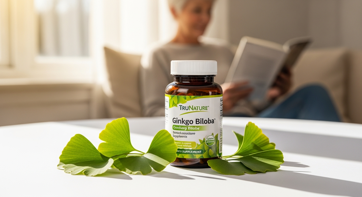 TruNature Ginkgo Biloba supplement bottle with softgels displayed on white background