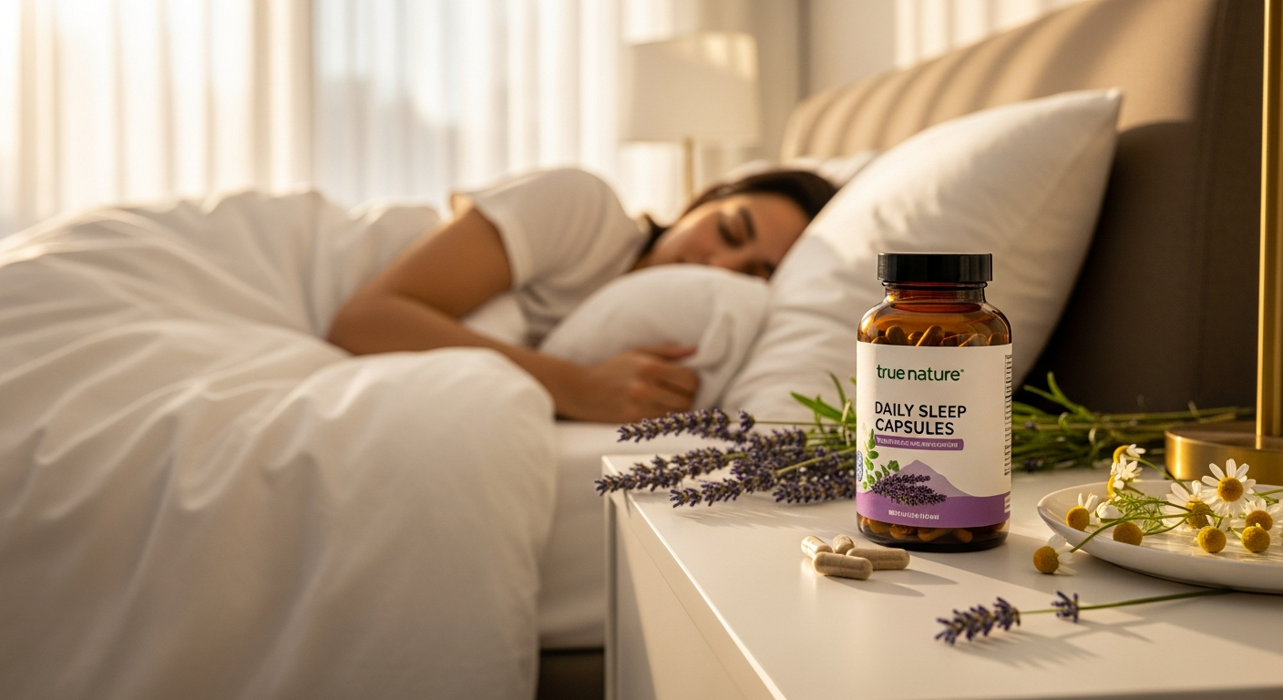 True Nature Daily Sleep Capsules bottle with natural ingredients displayed on white background