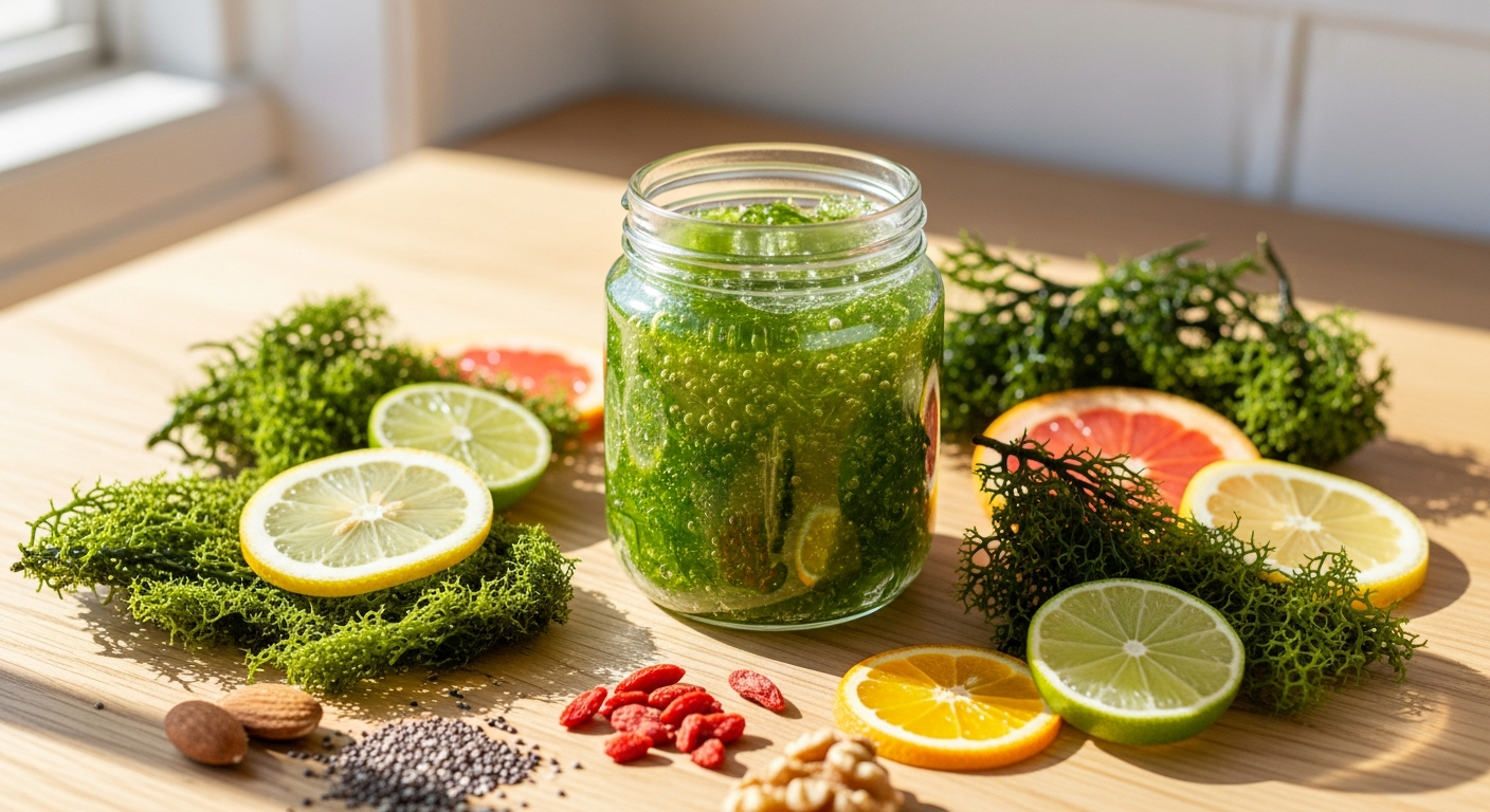 True Sea Moss Gel Superfood in mango flavor jar with fresh sea moss and mineral-rich ingredients displayed