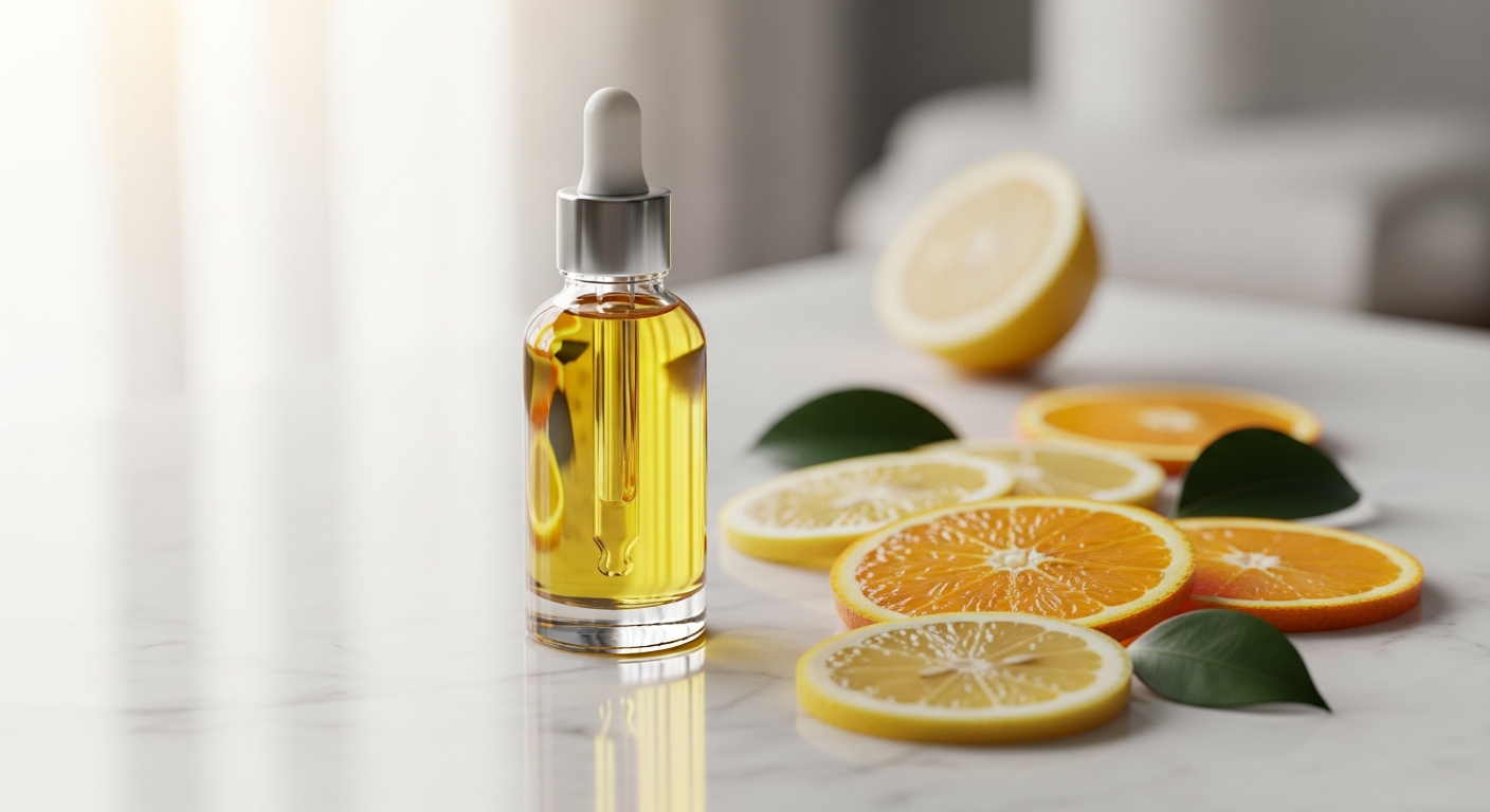 True Nature Brightening Vitamin C Facial Serum bottle displayed with fresh citrus and green leaves on white background