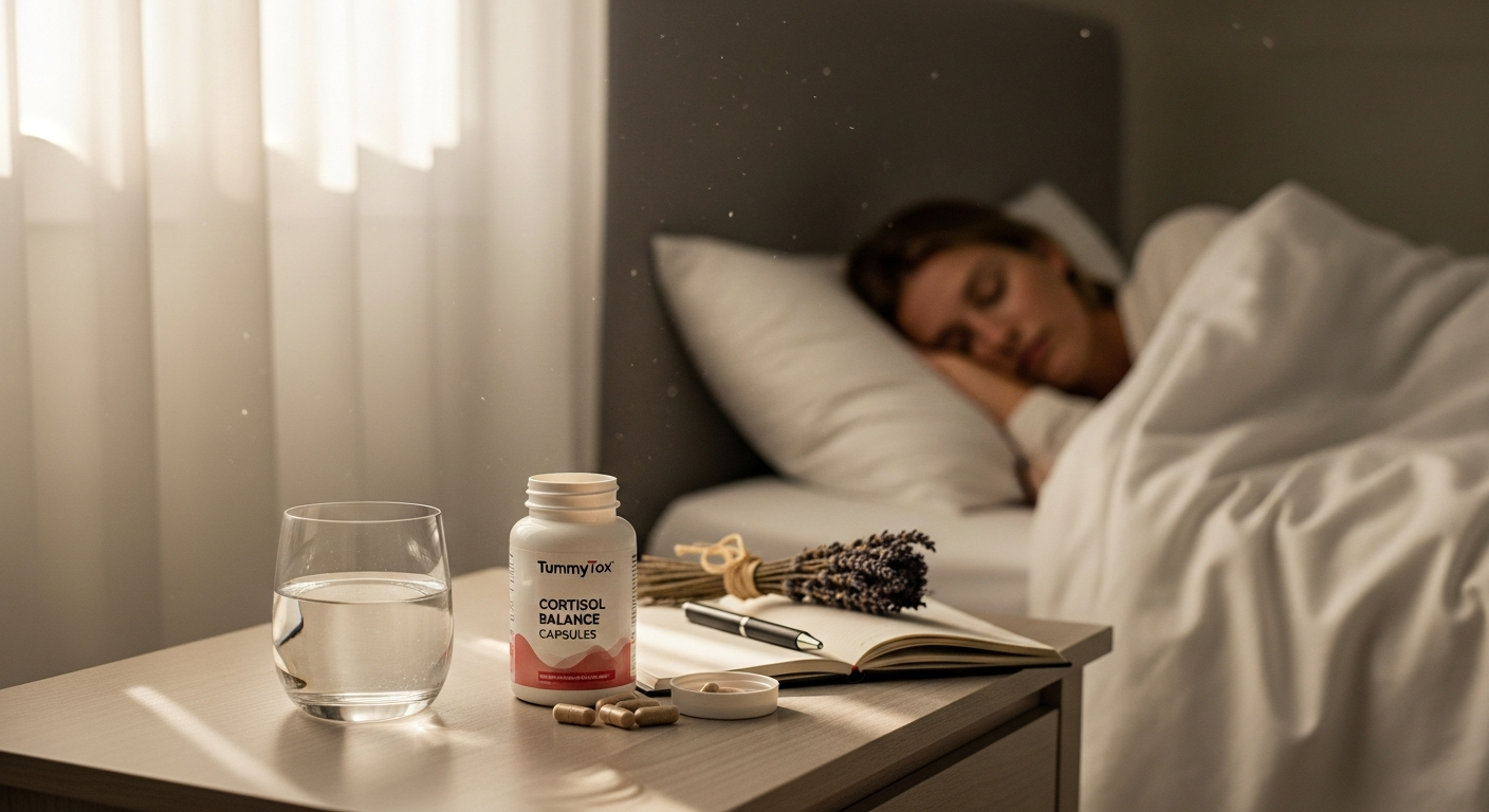 TummyTox Cortisol Balance Capsules supplement bottle with ashwagandha and rhodiola ingredients displayed