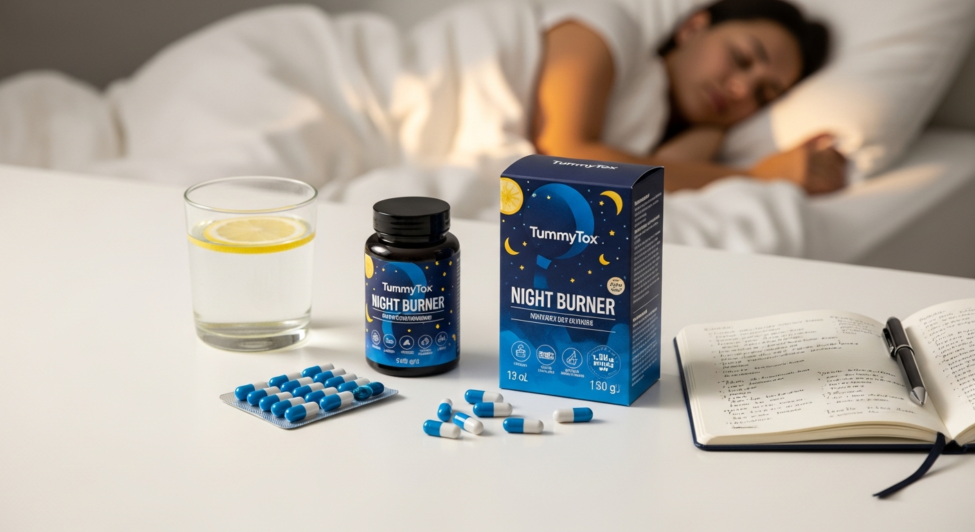 TummyTox Night Burner Weight Loss Capsules bottle displayed with green tea leaves and natural ingredients on white background