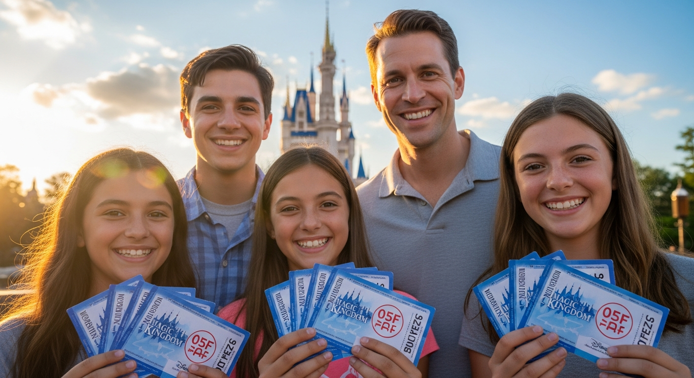 Walt Disney World castle with colorful fireworks display and four theme park icons