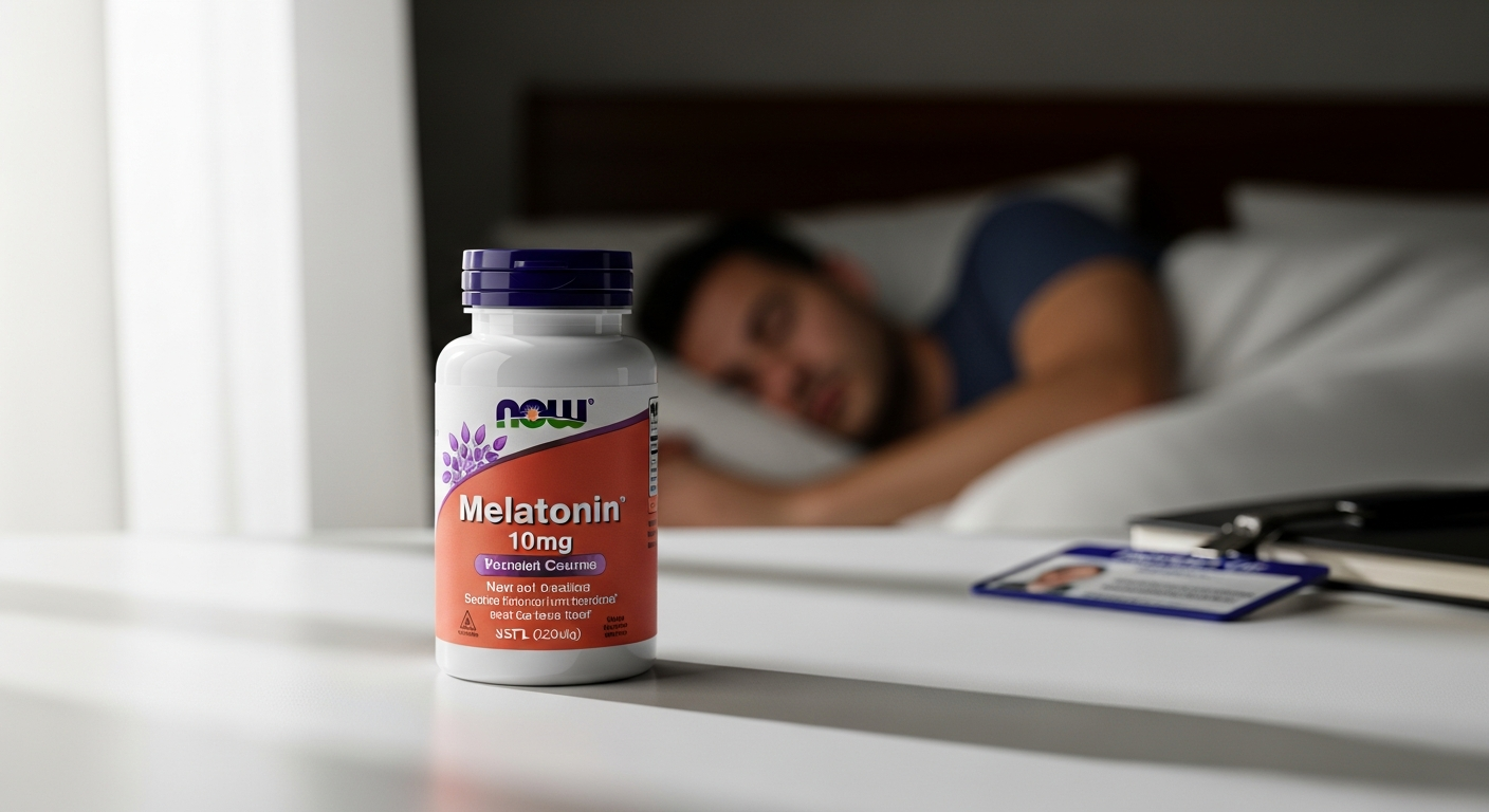 NOW Foods Melatonin 10mg capsules bottle displayed with sleep-related wellness imagery and natural supplement background