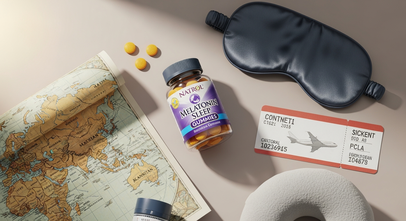 Natrol Melatonin Sleep Gummies bottle displayed with travel essentials and airplane window view