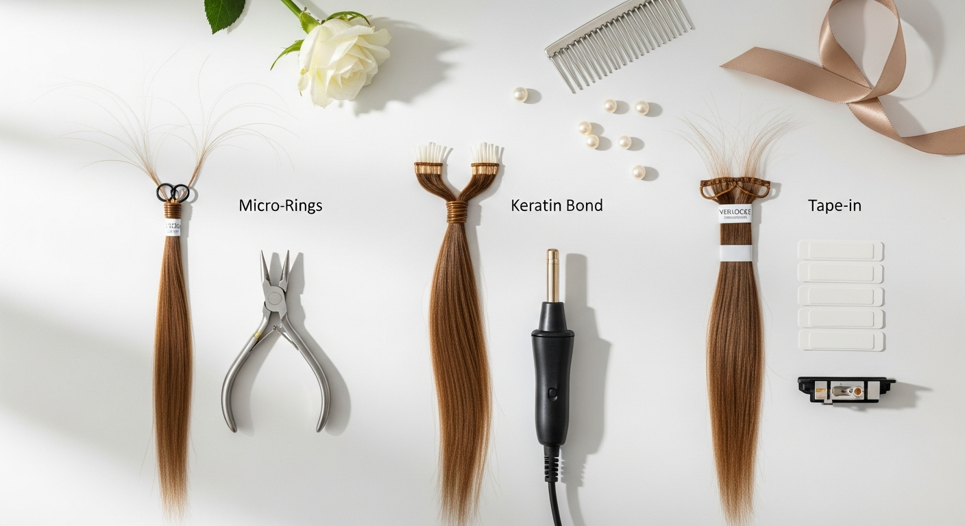 Verlocke Premium Remy Human Hair Extensions application methods displayed showing Bonding, ClipIN, Tape IT, Zip & Go, RingIN, and Genius Weft options