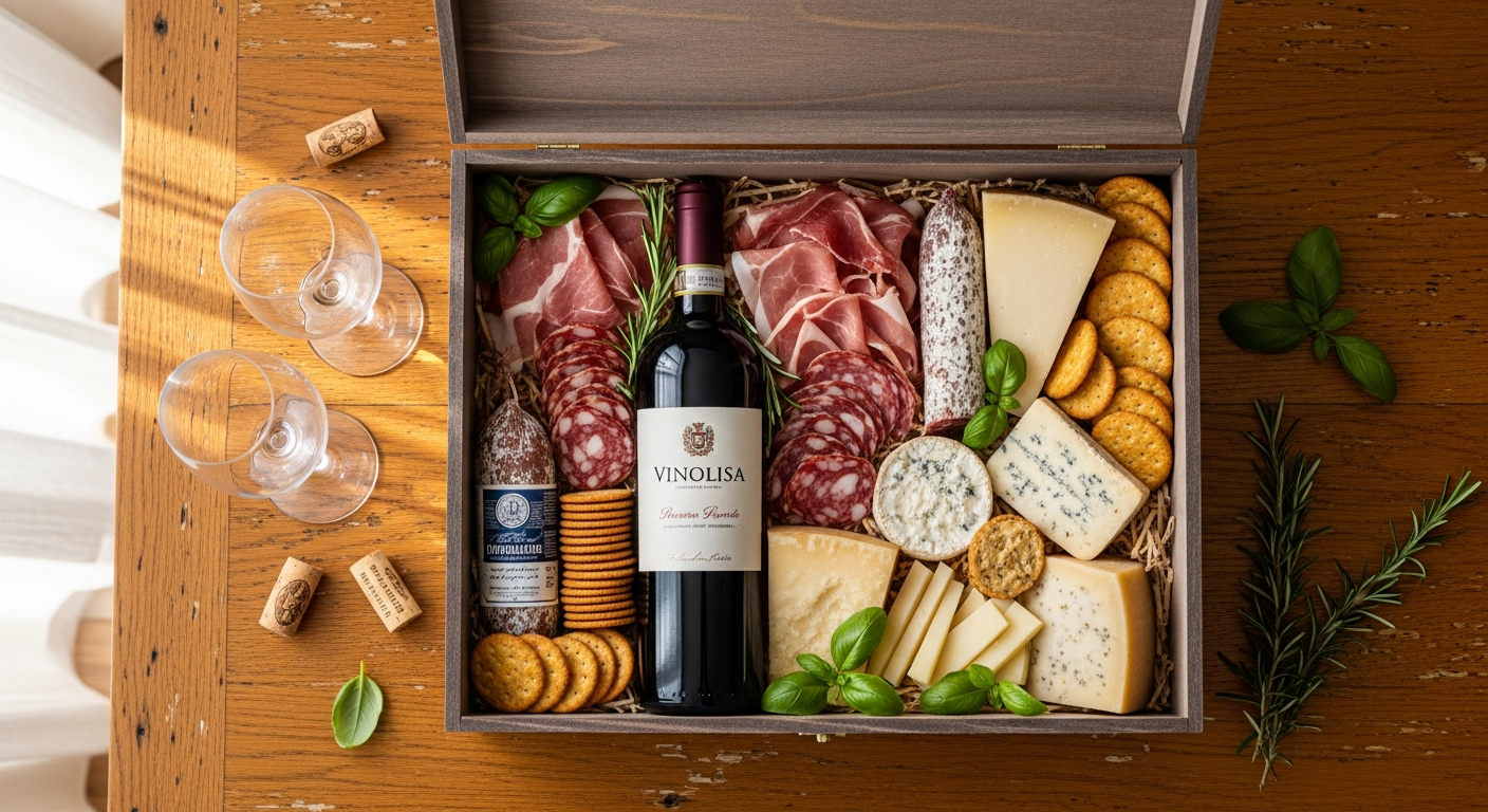 Vinolisa Bestseller Italian Wine and Delicatessen Package with Lugana wine bottle, artisanal pasta, pesto jar, and professional corkscrew displayed together
