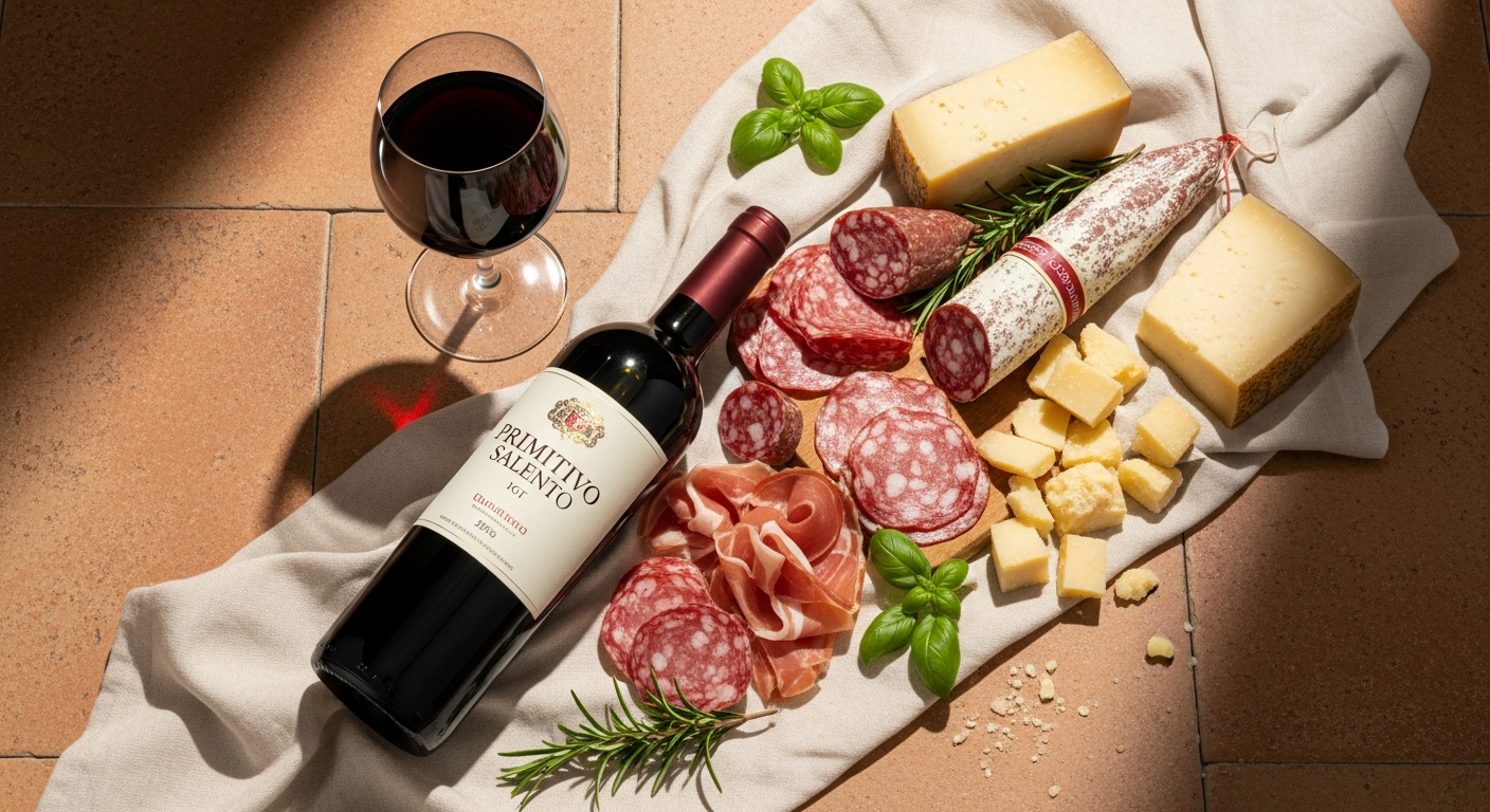 Primitivo Salento IGT red wine bottle displayed with Italian vineyard landscape and food pairing elements